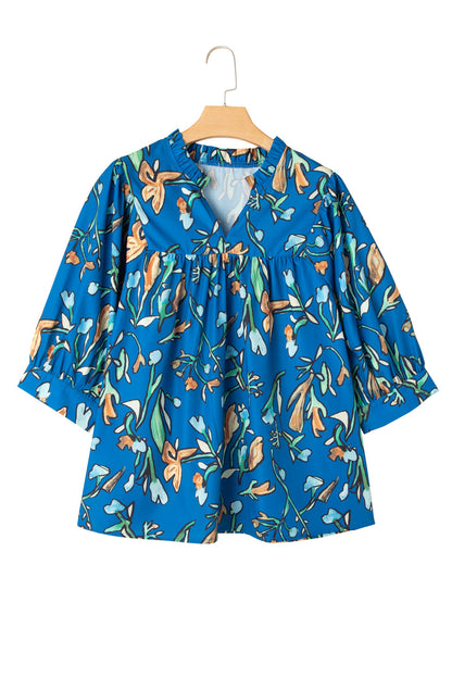 Floral Notched V Neck Half Sleeve Plus Size Blouse | Blue