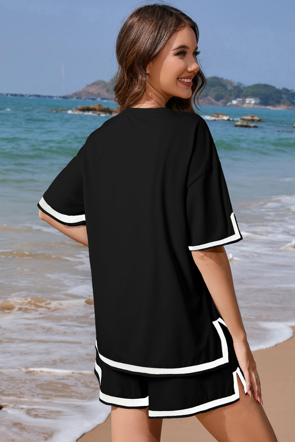 Contrast Trim Tee And Shorts Set | Black