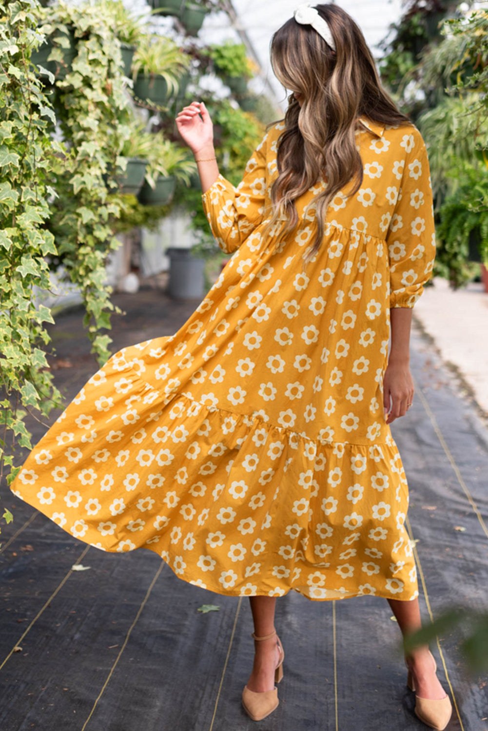 Flower Print Bracelet Sleeve Buttons Collared Maxi Dress | Yellow