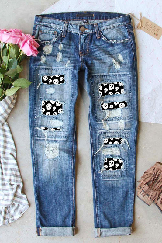 Sky Blue Halloween Skull Patchwork Distressed Straight Jeans