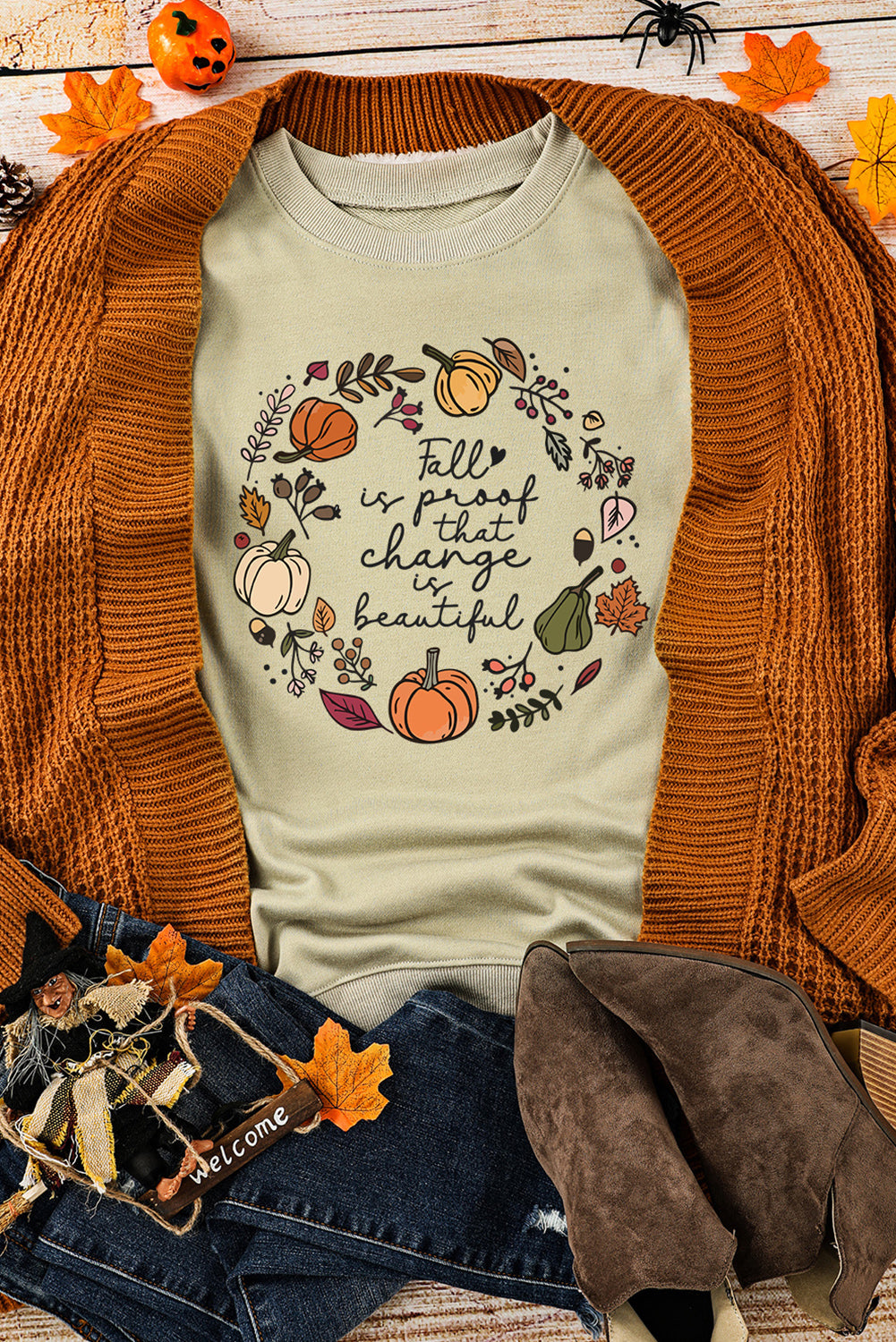 Fall Vibe Pumpkin Print Round Neck Sweatshirt | Khaki