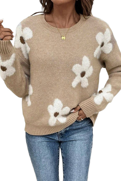 Flower Pattern Ribbed Trim Crew Neck Sweater | Parchment