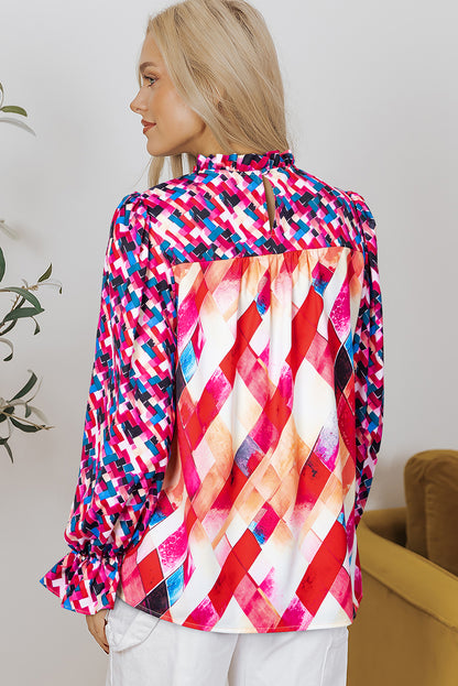 Abstract Geometric Pattern Patchwork Puff Sleeve Blouse | Rose Red