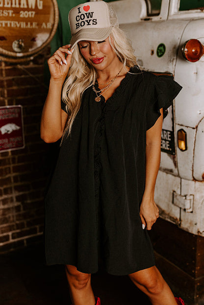 Ruffle Sleeve V Neck Frilled Shift Dress | Black