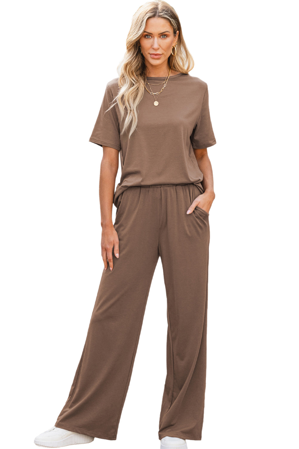 Solid Colour T Shirt 2 Piece Wide Leg Pants Set | Smoke Gray