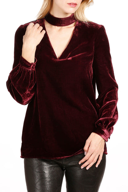 Choker Neck Hollow-Out Velvet Blouse | Biking Red