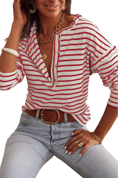 Striped Print Ruffled Buttoned Long Sleeve Top | Red