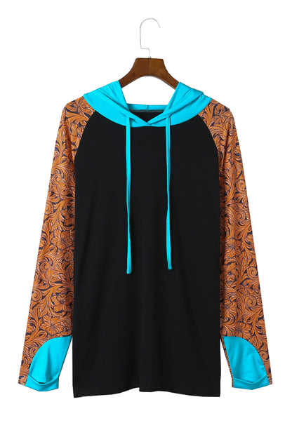 Western Print Colour Block Plus Size Hoodie | Black