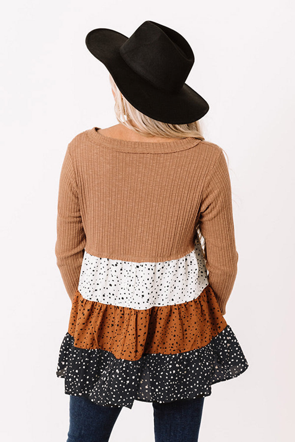 Ribbed Long Sleeve Dotted Tiered Ruffled Flowy Top | Brown