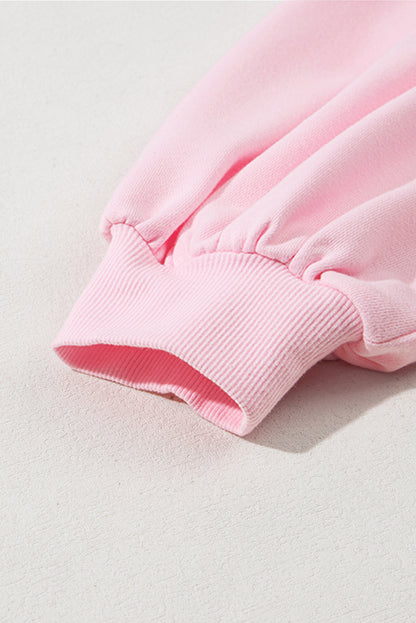 Embroidered Bow Lantern Sleeve Oversized Pullover Sweatshirt | Light Pink