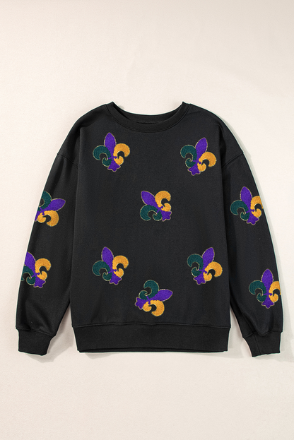 Mardi Gras Pattern Crew Neck Pullover Sweatshirt | Black