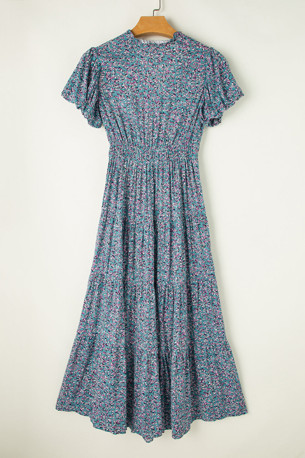 Printed V Neck Shirred Short Puff Sleeve Maxi Dress | Blue