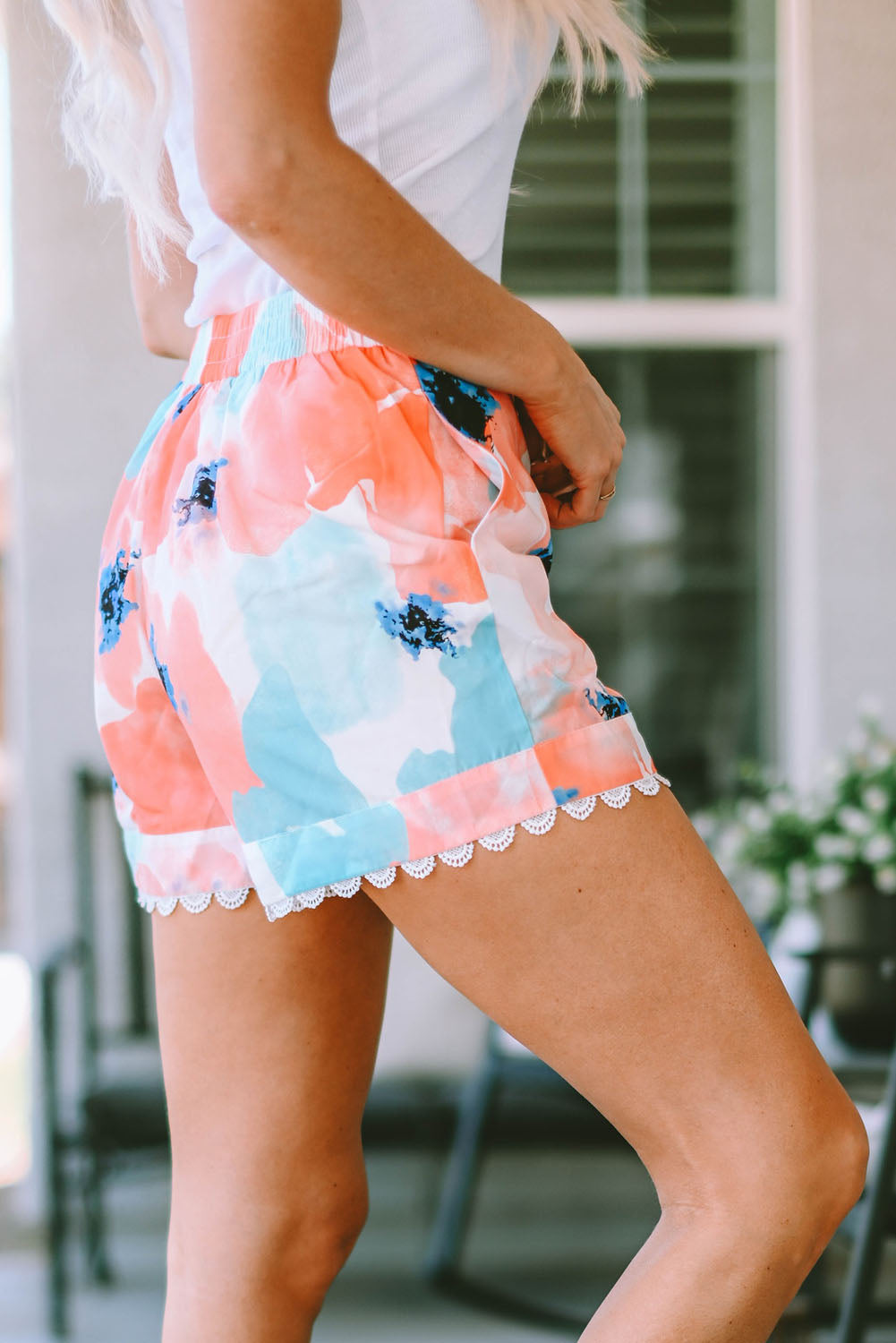 Abstract Water Marbling Print Lace Trim Shorts | Pink