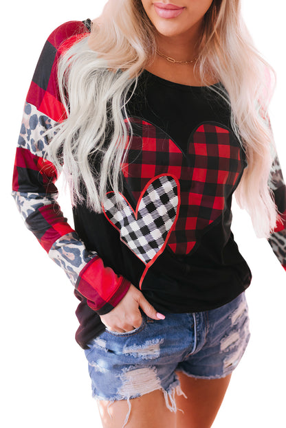 Valentines Heart Print Plaid Leopard Joint Sleeve Blouse | Black