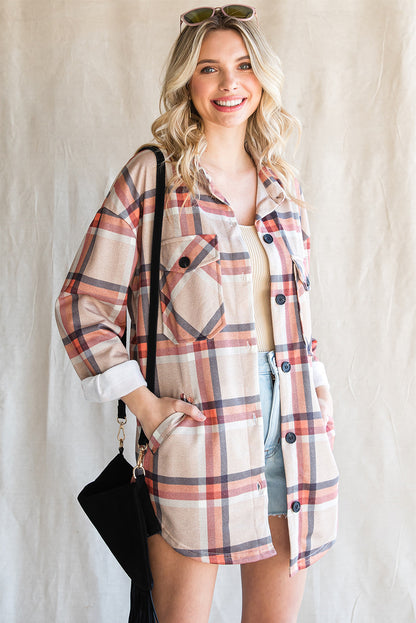 Chest Pockets Buttoned Oversized Plaid Shacket | Khaki