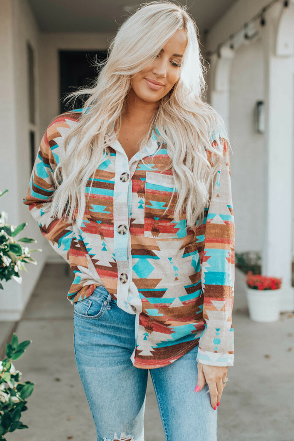 Aztec Print Buttoned Pocket Chest Long Sleeve Shirt | Multicolour