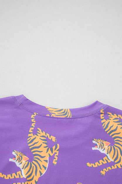 Allover Tiger Printed Patch Pocket Loose T Shirt | Purple