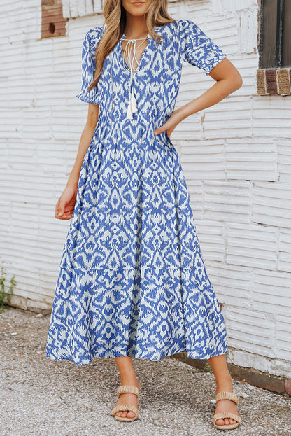 V Neck Casual Geometric Print Maxi Dress | Sky Blue