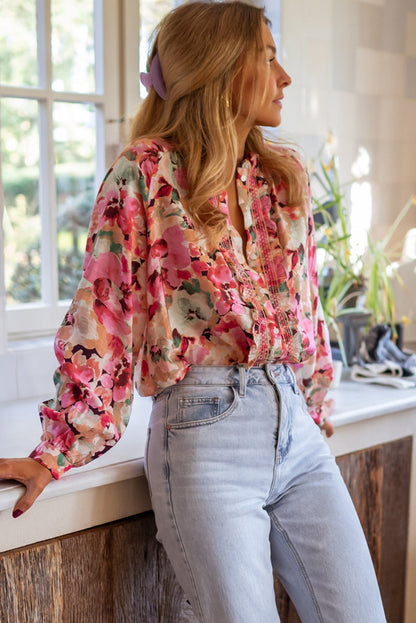 Floral Print Ruffled Stitch Buttoned Loose Fit Shirt | Red