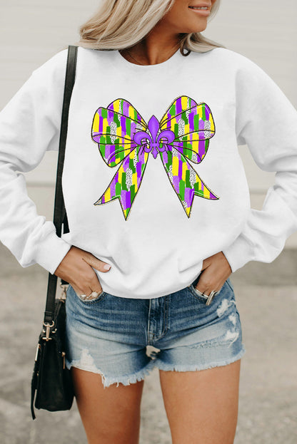 White Mardi Gras Bowknot Graphic Pullover Sweatshirt