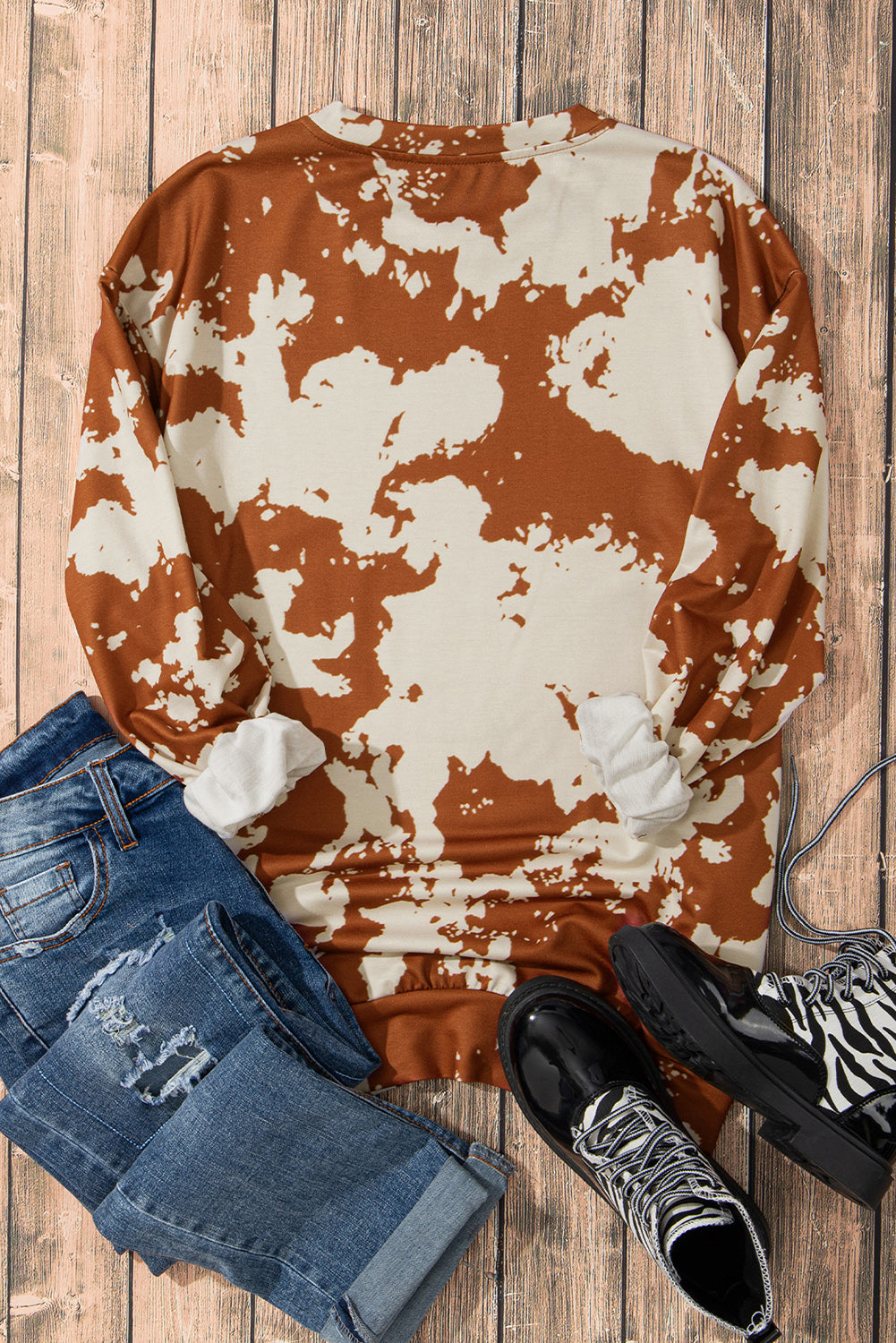 Western Tie Dye Round Neck Sweatshirt | Brown