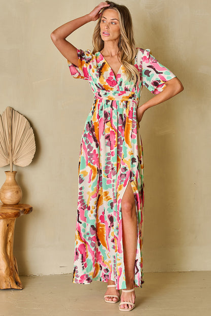 Boho Tie-Dye Print V Neck Maxi Dress | Pink