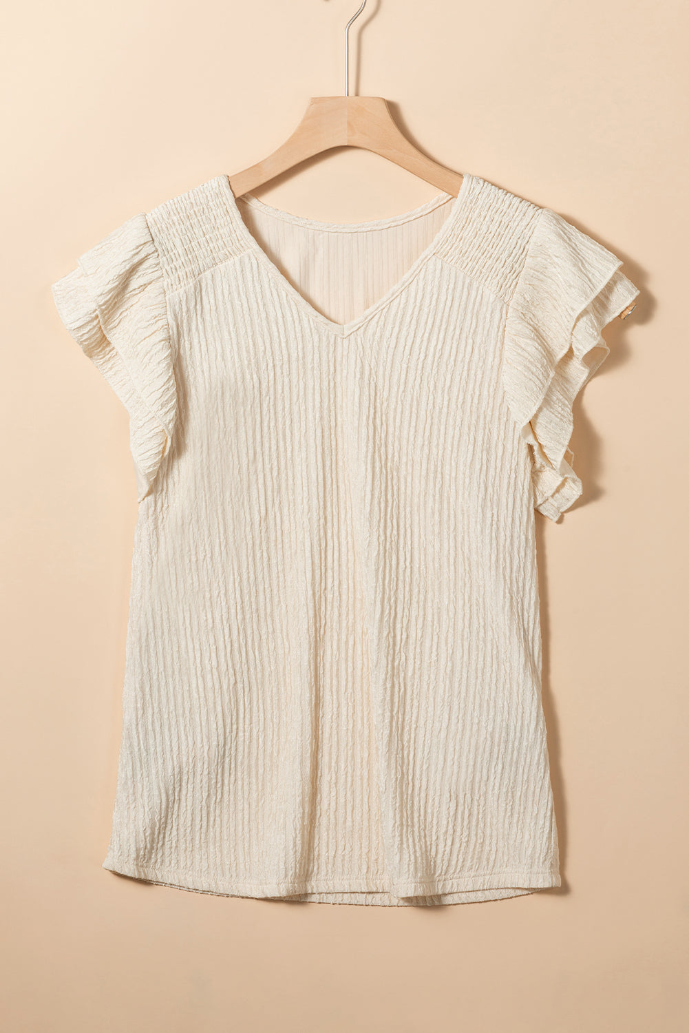 Crinkle Textured V Neck Flutter Sleeve Top | Apricot