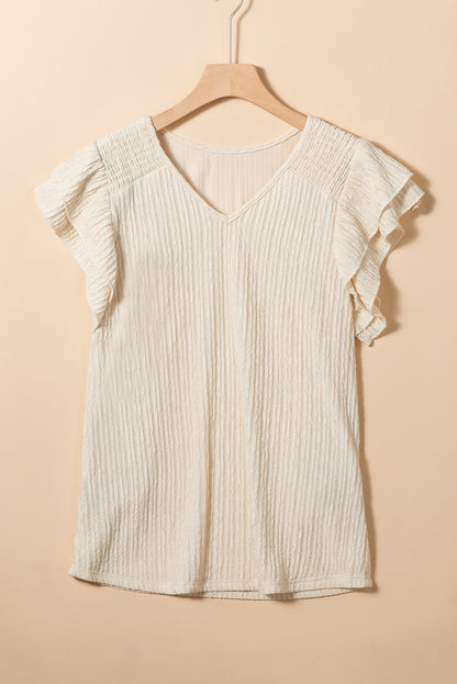 Crinkle Textured V Neck Flutter Sleeve Top | Apricot