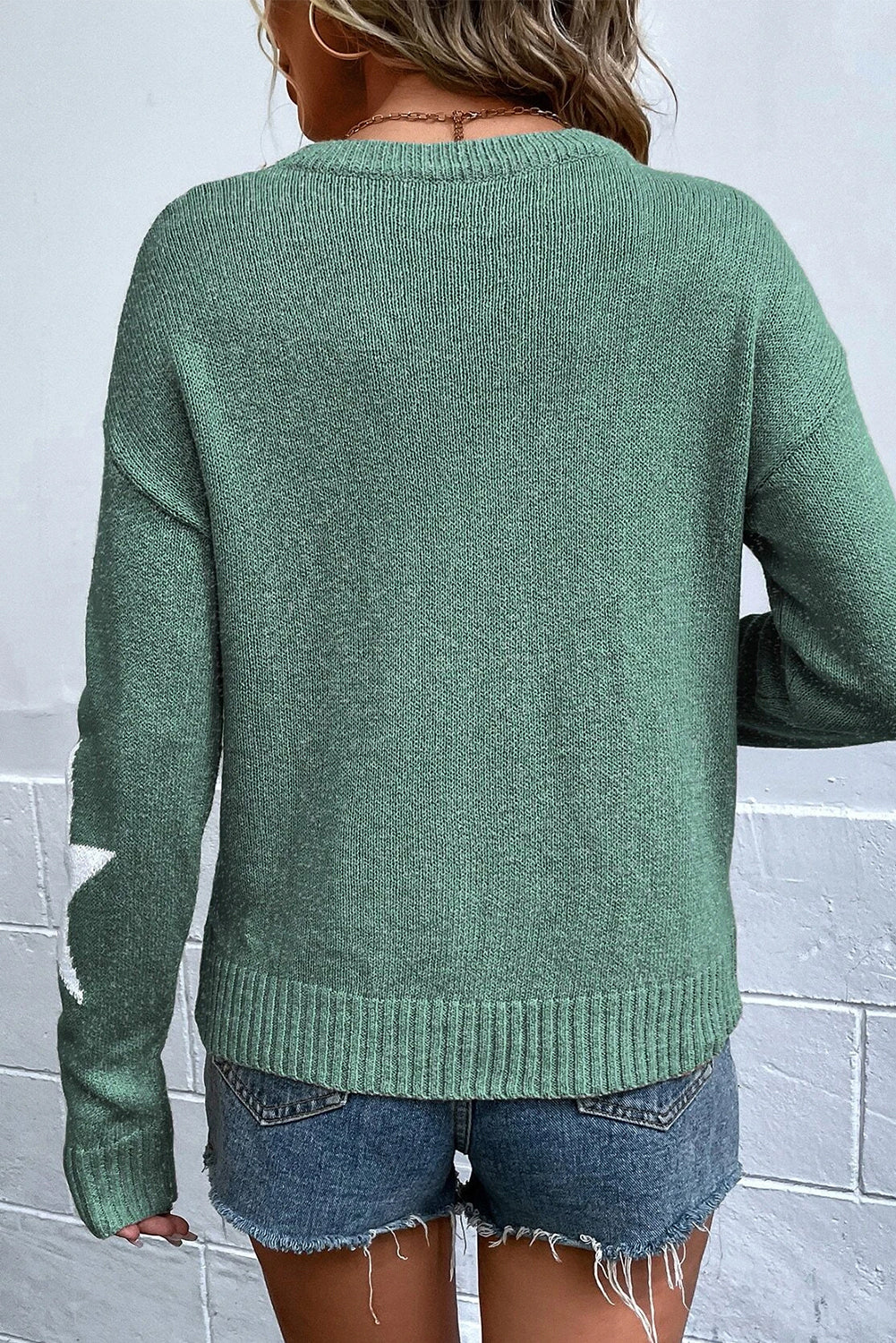 Star Pattern Drop Shoulder Sweater | Green