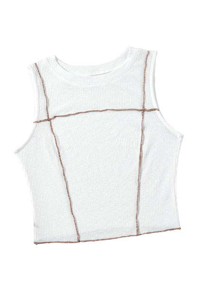 Contrast Seams Ribbed Tank Top | White