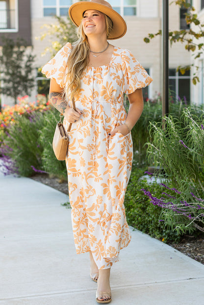 Floral Print Puff Short Sleeve Resort Plus Size Maxi Dress | Apricot