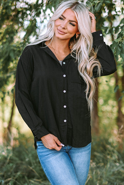 Textured Buttoned Pocket Long Sleeve Shirt | Black