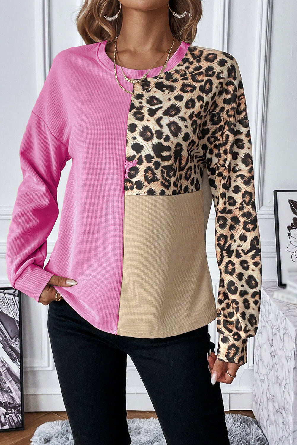 Leopard Colourblock Waffle Knit Top | Bonbon