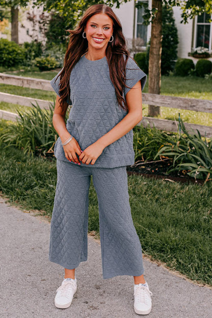 Quilted Short Sleeve Wide Leg Pants Set | Real Teal