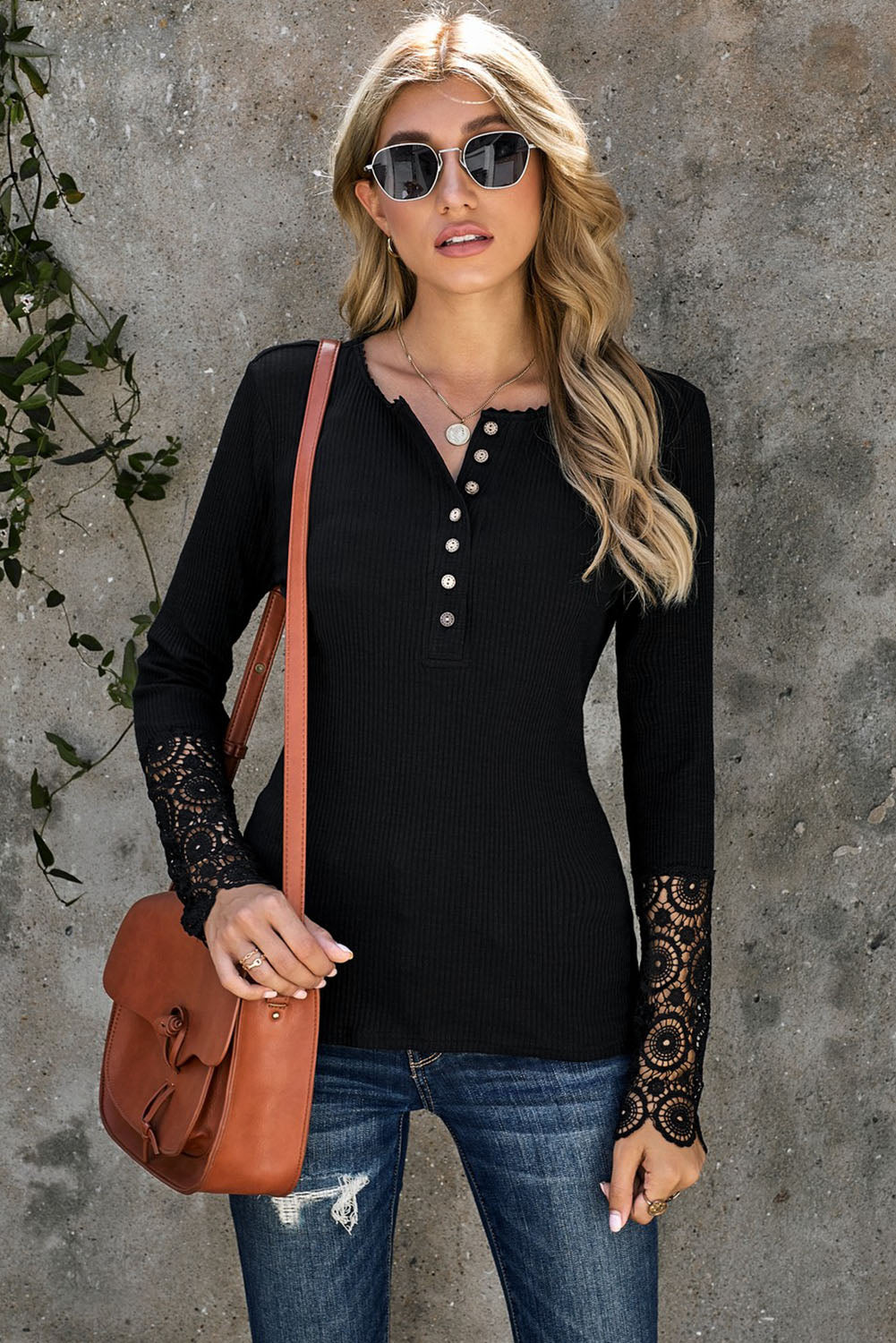 Crochet Lace Hem Sleeve Button Top | Black