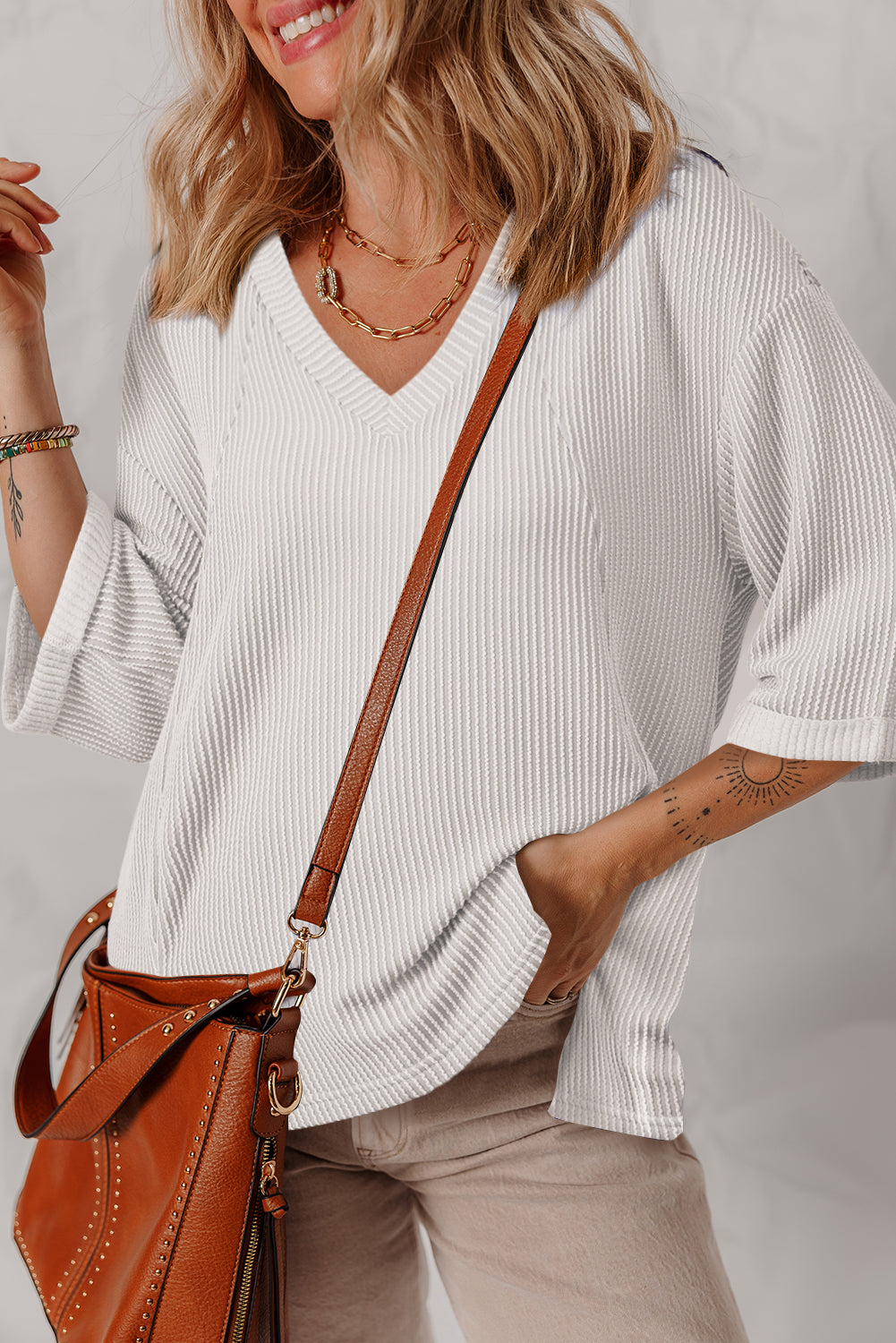 Solid Colour Corded Drop Shoulder 3/4 Sleeve V Neck Top | White