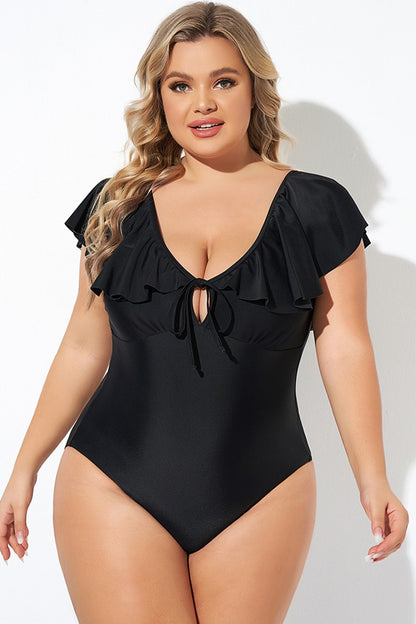 Ruffled Sleeve Lace-Up V Neck Plus Size One Piece Swimsuit | Black