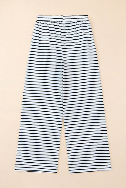 Drawstring Striped Wide Leg Pants | White