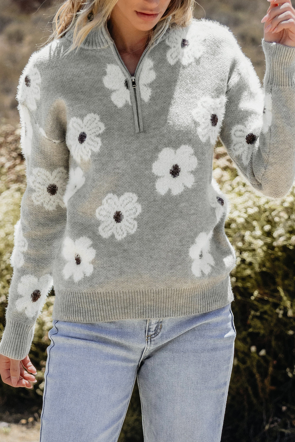 Floral Pattern Half Zip Drop Shoulder Sweater | Gray