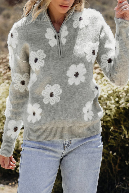 Floral Pattern Half Zip Drop Shoulder Sweater | Gray