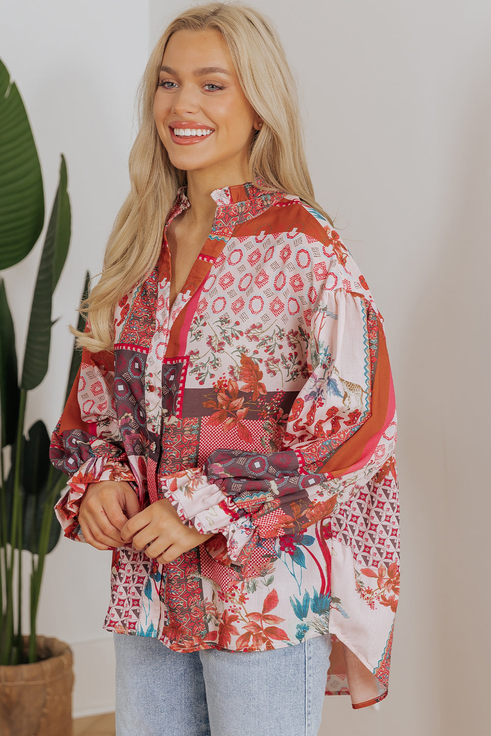 Boho Geometric Mixed Print Patchwork Bubble Sleeve Shirt | Red