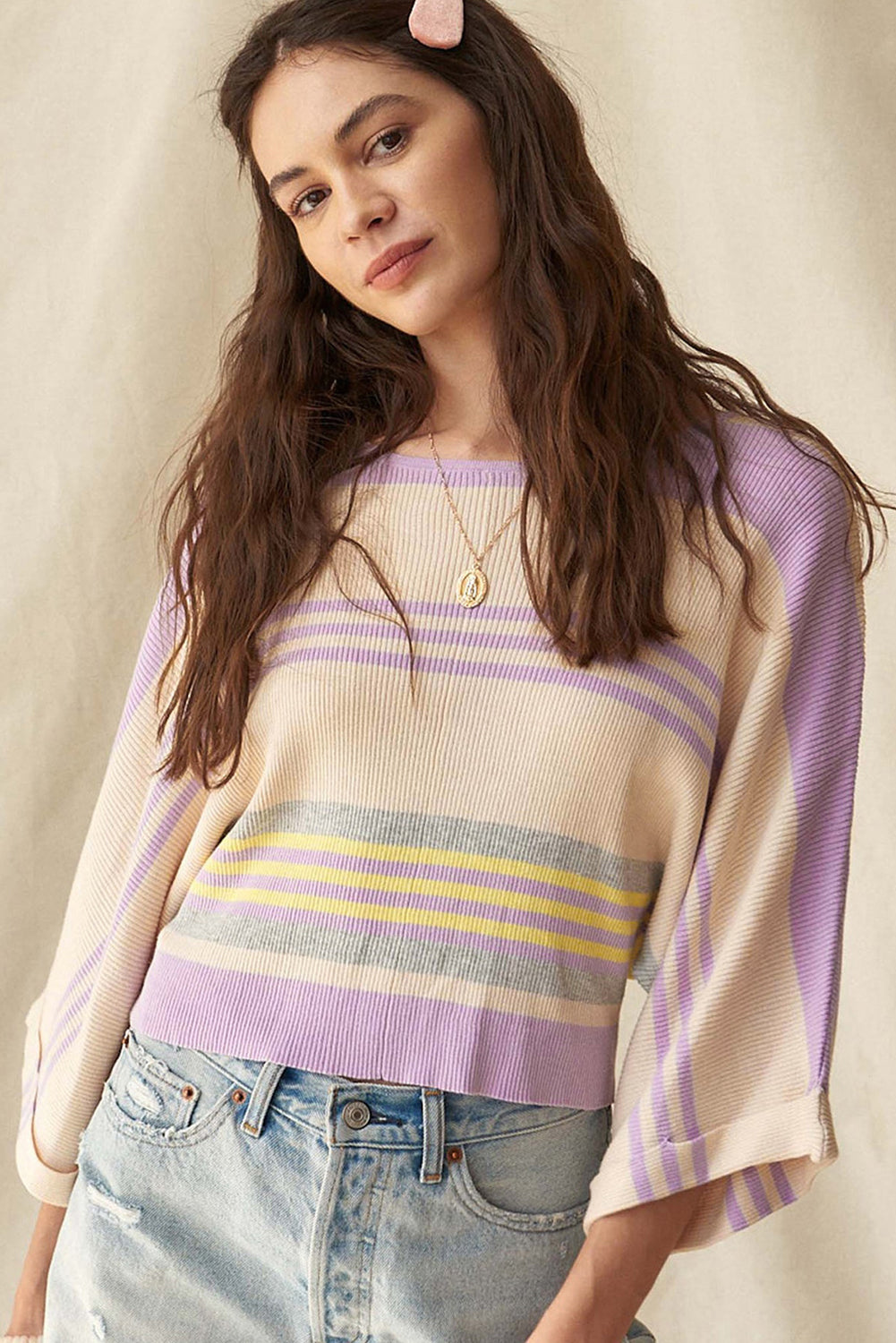 Borderline Rib Knit Cuffed Dolman Sleeve Sweater | Purple Stripe