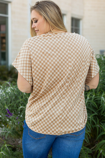 Checkerboard Short Batwing Sleeve Round Neck Plus Size T Shirt | Khaki