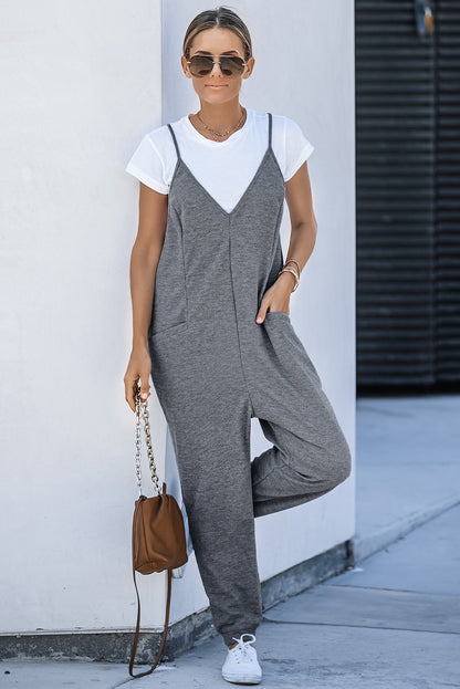 Textured Sleeveless V-Neck Pocketed Casual Jumpsuit | Gray