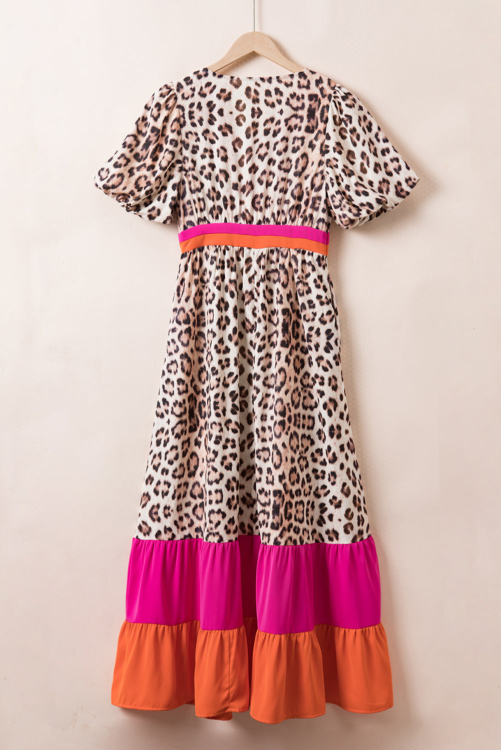 Leopard Colourblock Patchwork Bubble Sleeve Maxi Dress | Bright Pink