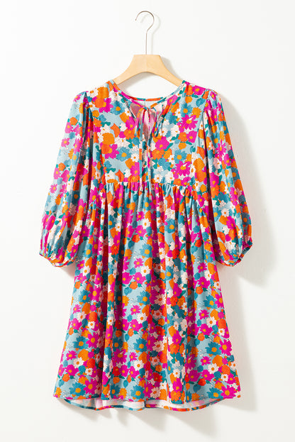 Floral Print Tie Split Neck Bubble Sleeve Babydoll Dress | Sky Blue