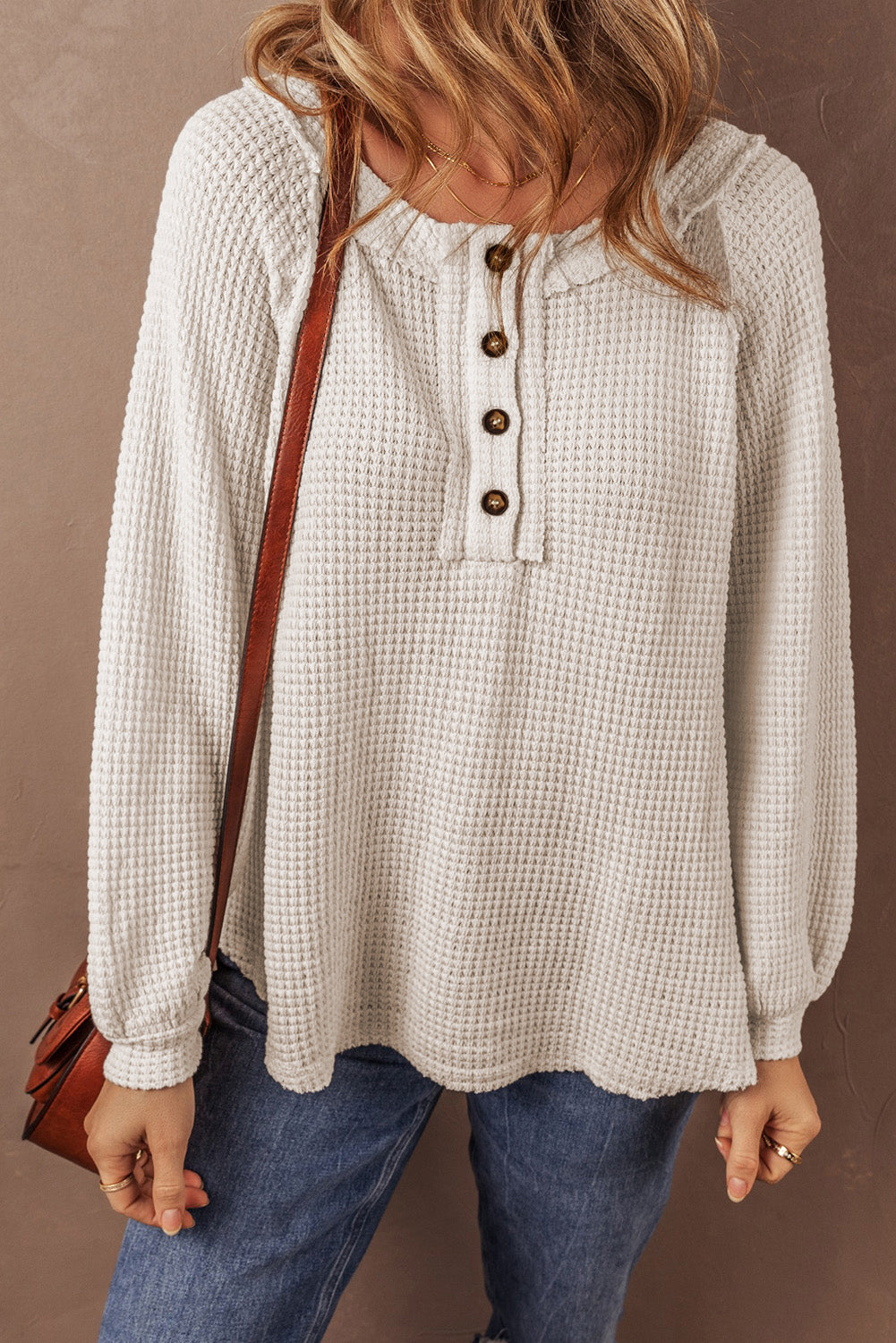 Waffle Knit Buttoned Front Raglan Sleeve Loose Blouse | Oatmeal