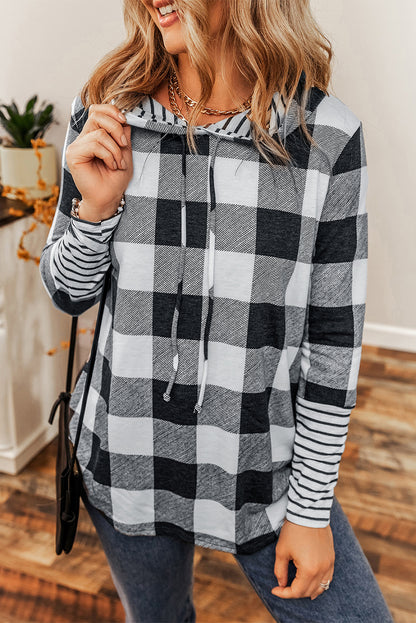 Plaid Striped Patchwork Drawstring Hoodie | Multicolour