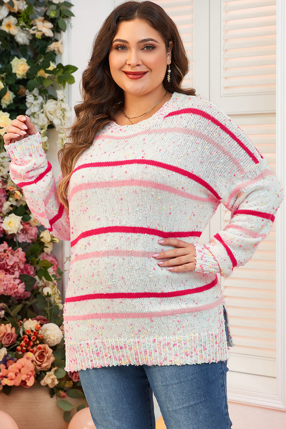 Drop Shoulder Side Split Plus Size Sweater | Pink Stripe