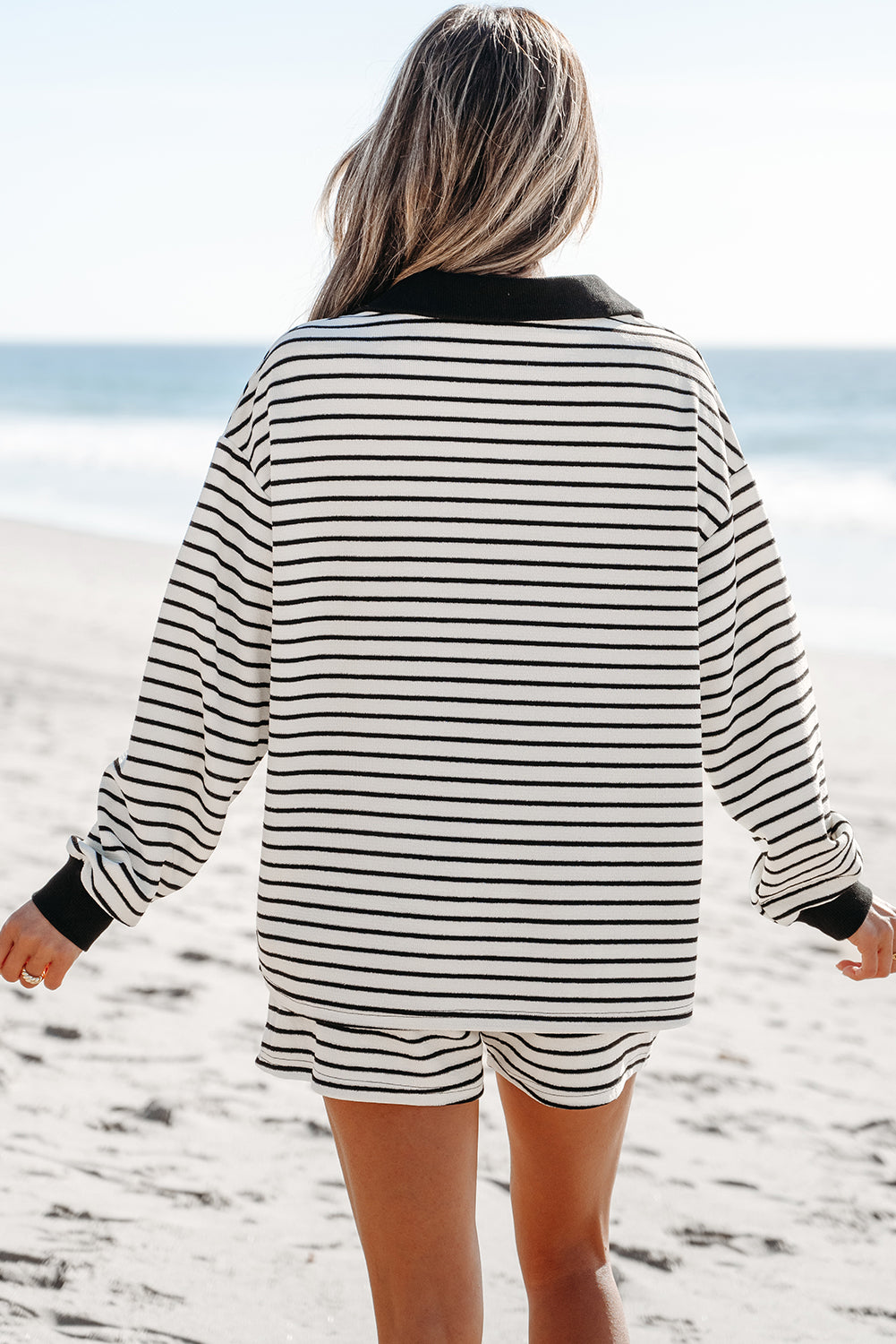 Collared Long Sleeve Top And Drawstring Shorts Set | Black Stripe